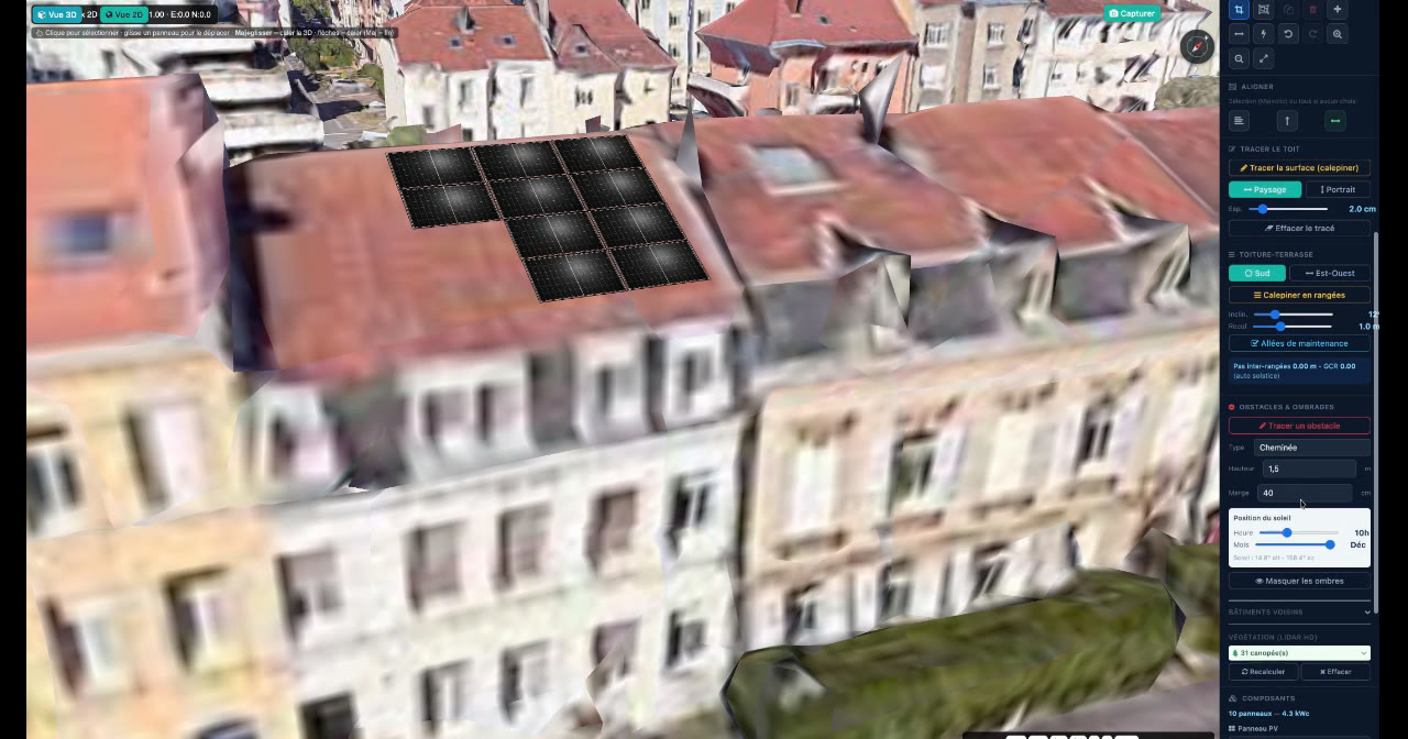 Atelier 3D de calepinage photovoltaïque intégré à Odoo : panneaux posés sur une toiture en 3D, avec outils d'ombrage